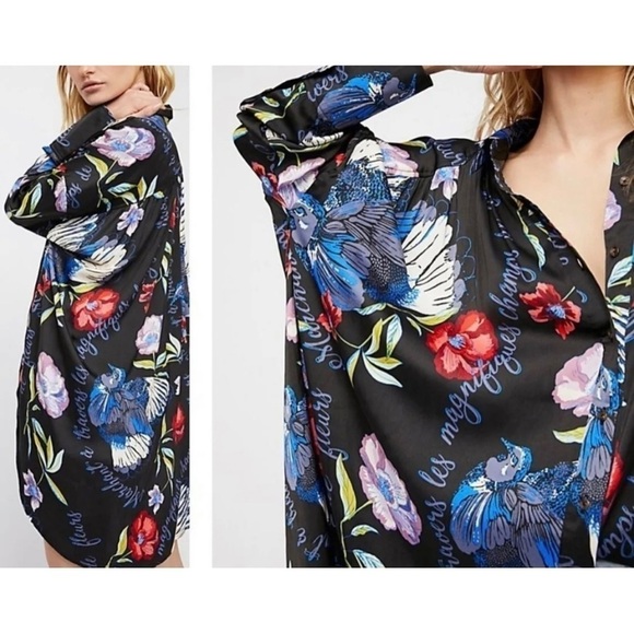 Free People Sz M Black Colorful Oversized Hawaiian Tropical Bird Shirt Tunic Top - Picture 8 of 14